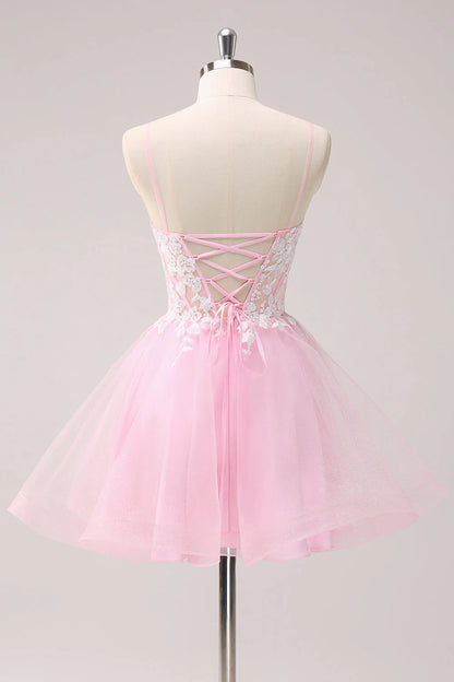 Pink A Line Spaghetti Straps Tulle Corset Homecoming Dress
