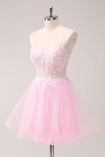 Pink A Line Spaghetti Straps Tulle Corset Homecoming Dress