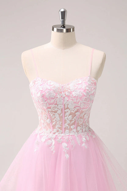 Pink A Line Spaghetti Straps Tulle Corset Homecoming Dress