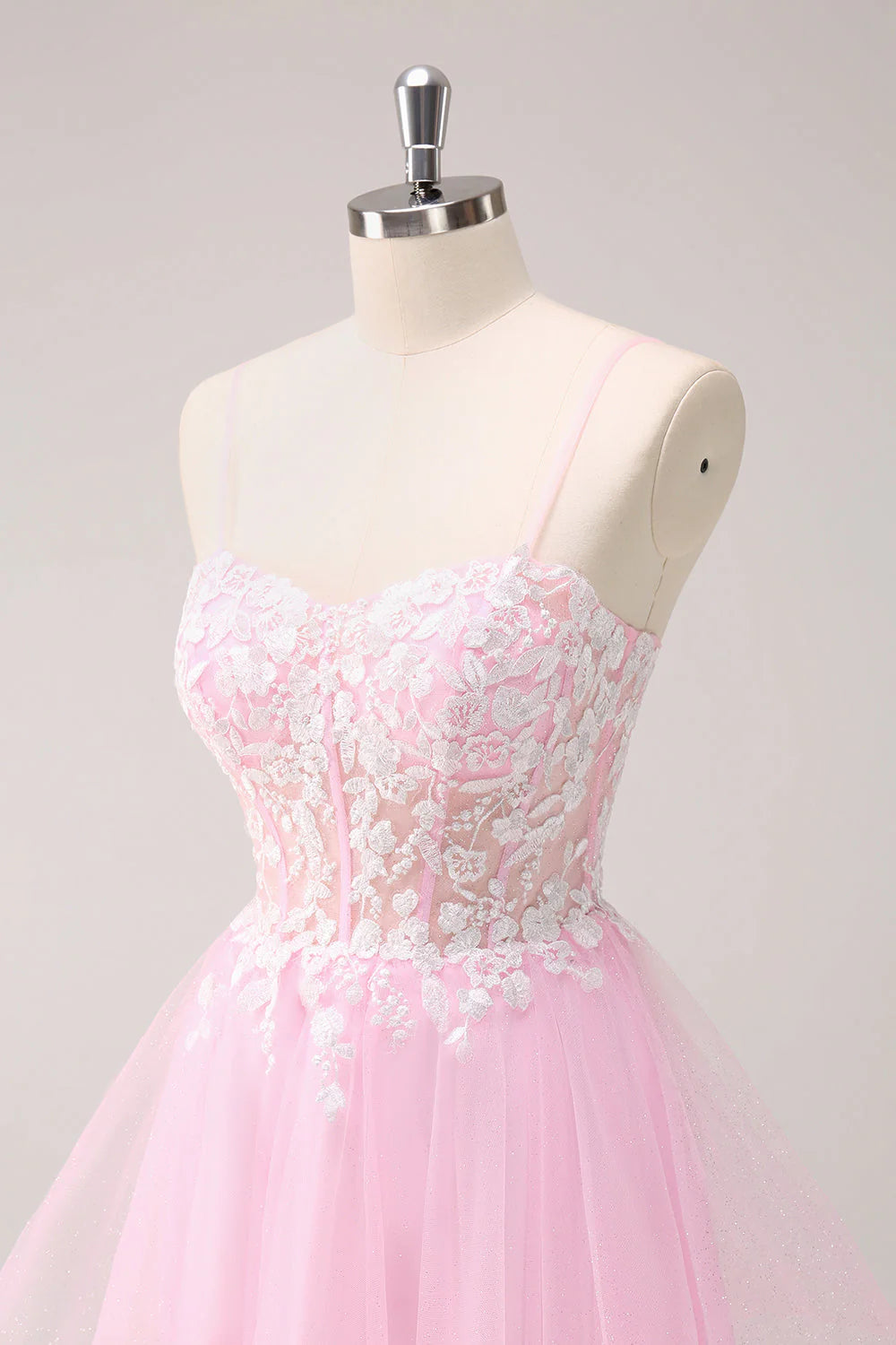 Pink A Line Spaghetti Straps Tulle Corset Homecoming Dress