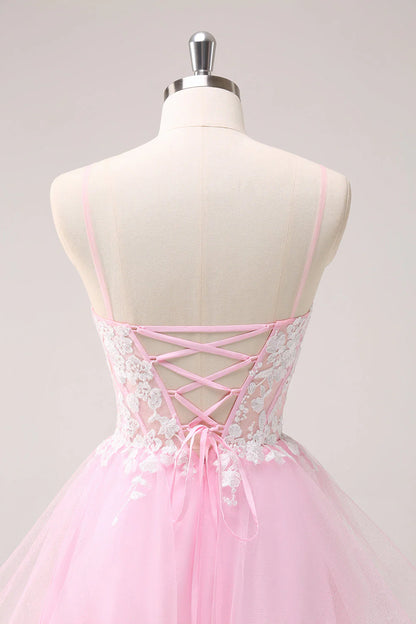 Pink A Line Spaghetti Straps Tulle Corset Homecoming Dress