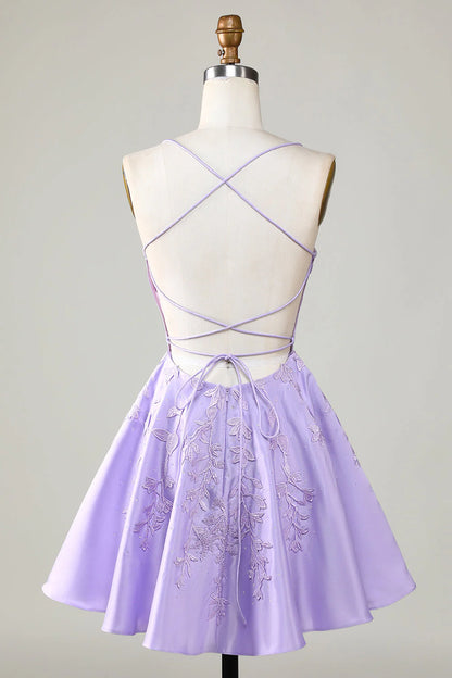 Purple Corset A-Line Satin Short Homecoming Dress