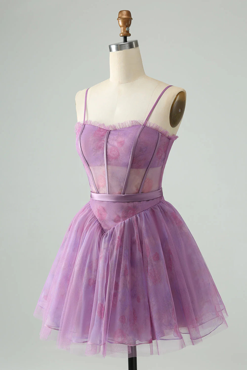 A Line Spaghetti Straps Print Corset Short Homecoming Dress