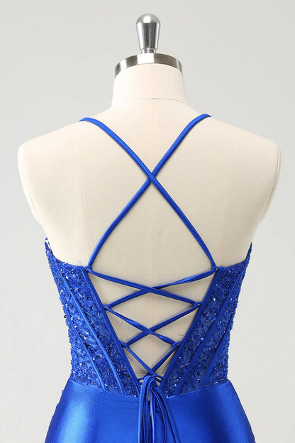 Royal Blue Sequin Pleated Tight Corset Short Homecoming Dress