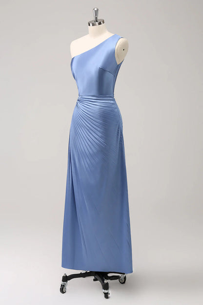 Sheath One Shoulder Satin Keyhole Long Bridsmaid Dress