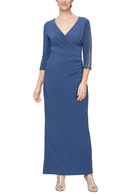 V-Neck Surplice Front Back Zipper 3/4 Sleeves With Beaded Panel Long Mother of the Bride Dresses ﻿