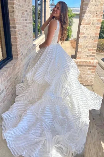 V-Neck Backless A-Line Striped Wedding Dress