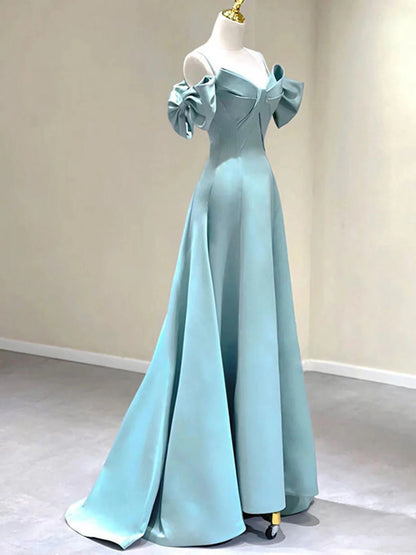 Blue A-Line Satin Long Prom Dresses Blue Satin Long Formal Dresses