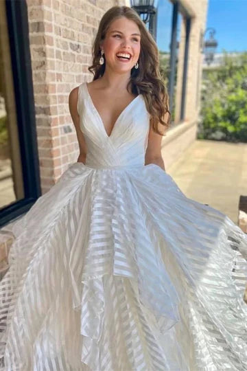 V-Neck Backless A-Line Striped Wedding Dress