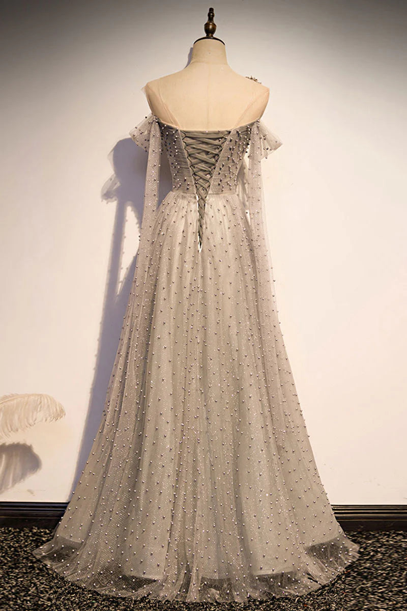 Gray tulle one shoulder long prom dress gray formal prom dress