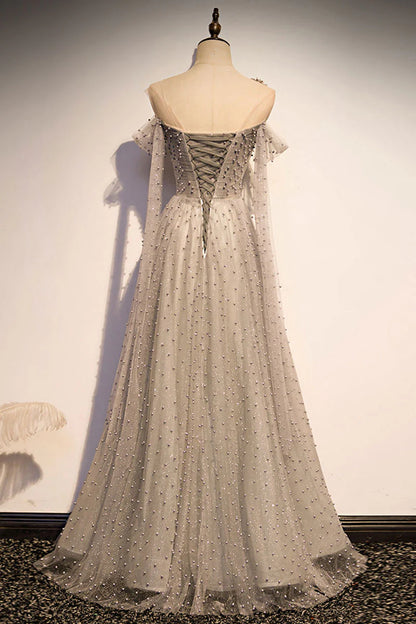 Gray tulle one shoulder long prom dress gray formal prom dress