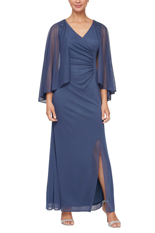 Long Surplice Neckline Ruched Waist Embellished Capelet Sleeves and Front Slit Chiffon Mother of the Bride Dresses