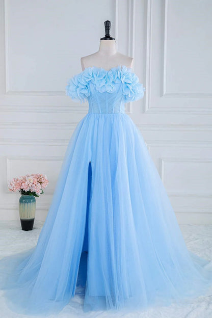 Elegant and sexy off the shoulder sheer A-line split ball dress