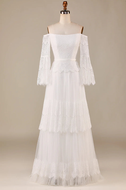 A Line Off the Shoulder Ivory Sweep Train Flare Sleeves Wedding Dress