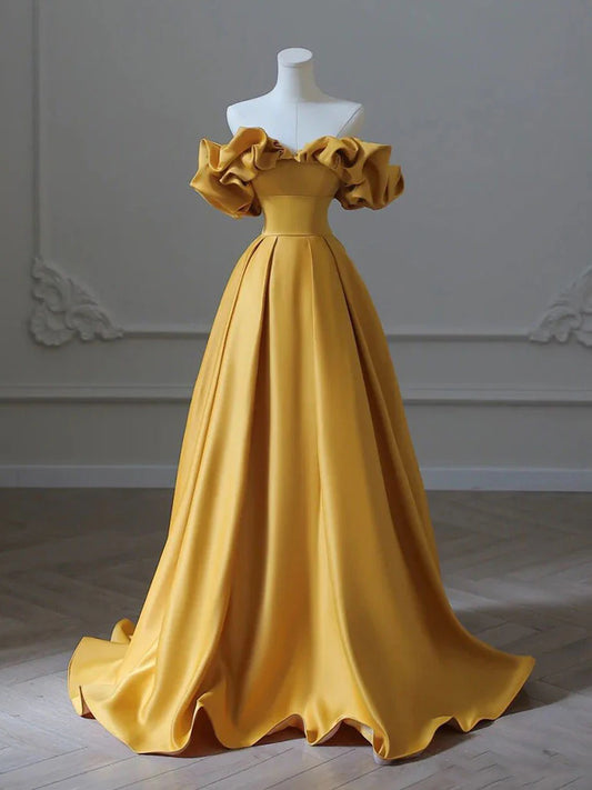 Yellow A-Line Satin Long Prom Dresses Yellow Long Evening Dress