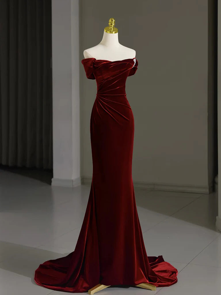Off Shoulder Velvet Burgundy Long Evening Dresses Mermaid Long Formal Dress
