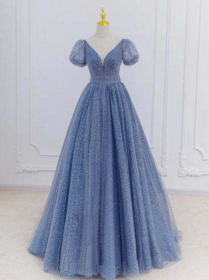 Gray Blue A-Line Tulle Long Evening Dresses Blue Tulle Formal Dresses