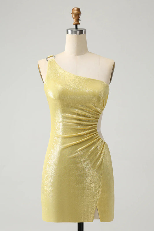Yellow Bodycon One Shoulder Hollow Out Pleated Metallic Homecoming Dress