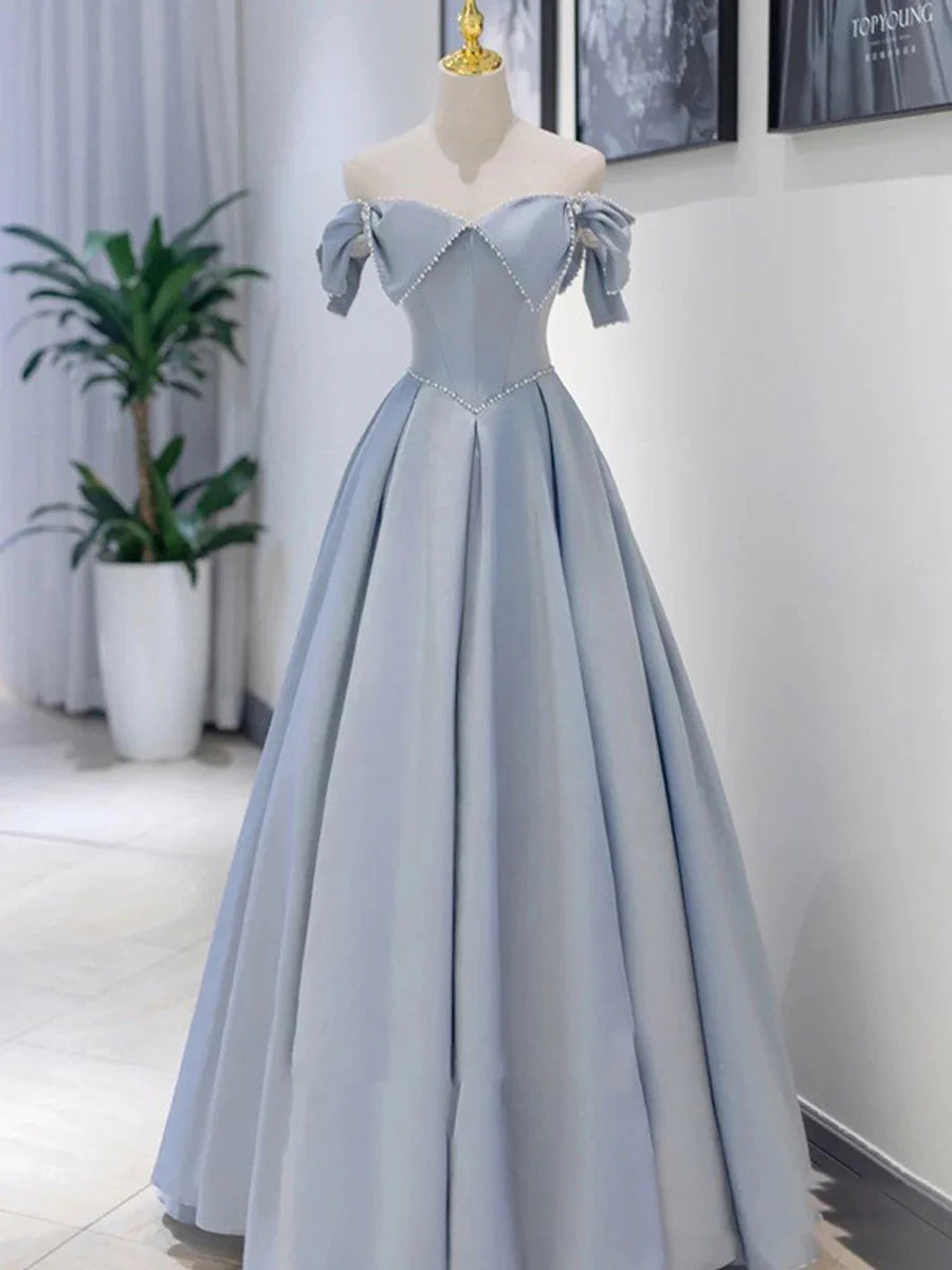 Blue Satin long prom dress blue A line prom dress