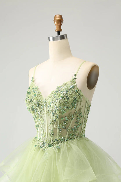 Light Green A Line Spaghetti Straps Corset Short Tiered Homecoming Dress