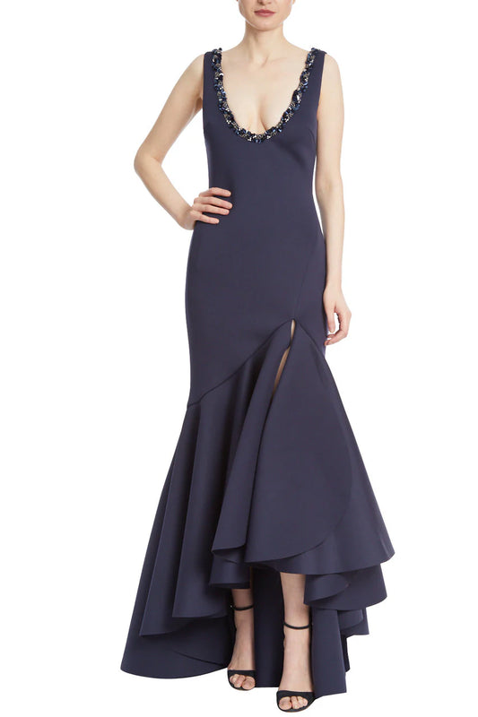 Beaded scoop neck sleeveless bodycon zipper closure slit front ruffled trumpet Prom Dresses