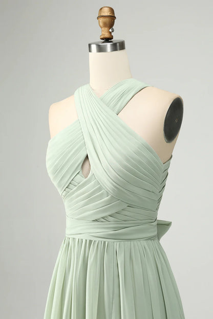 A Line Halter Pleated Long Maternity Bridesmaid Dress with Slit