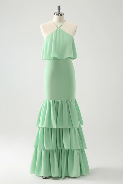 Mermaid Halter Tiered Long Wedding Party Guest Dress with Ruffles