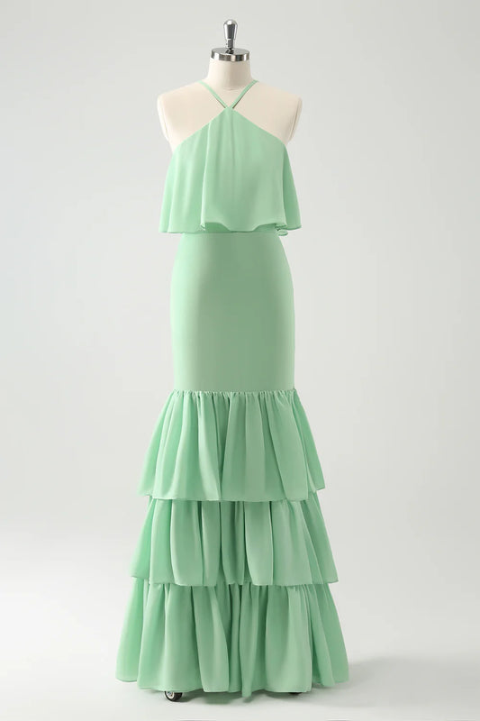 Mermaid Halter Tiered Long Wedding Party Guest Dress with Ruffles