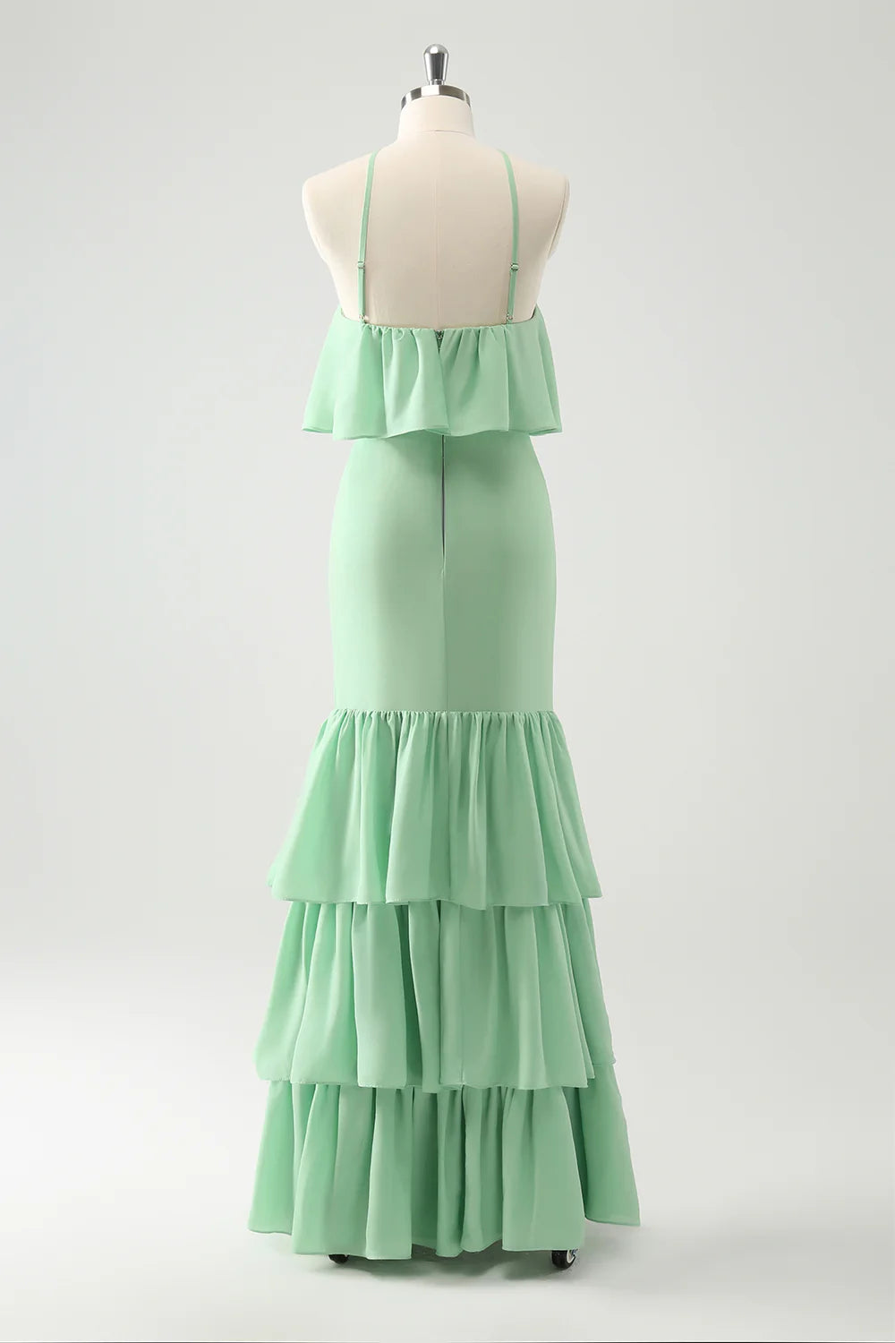 Mermaid Halter Tiered Long Wedding Party Guest Dress with Ruffles