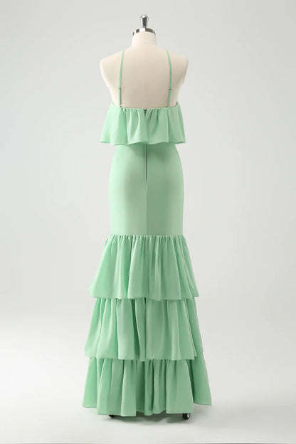 Mermaid Halter Tiered Long Wedding Party Guest Dress with Ruffles