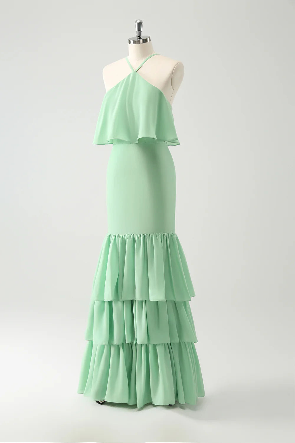 Mermaid Halter Tiered Long Wedding Party Guest Dress with Ruffles