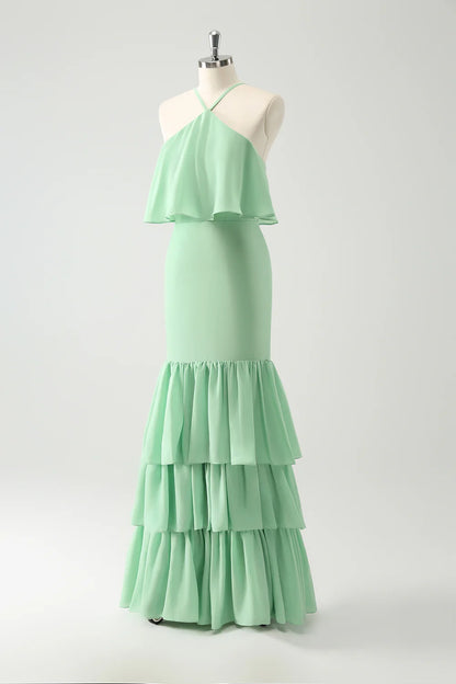 Mermaid Halter Tiered Long Wedding Party Guest Dress with Ruffles