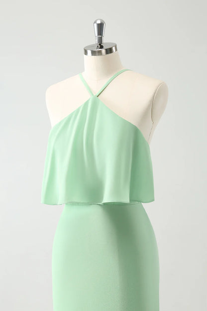 Mermaid Halter Tiered Long Wedding Party Guest Dress with Ruffles