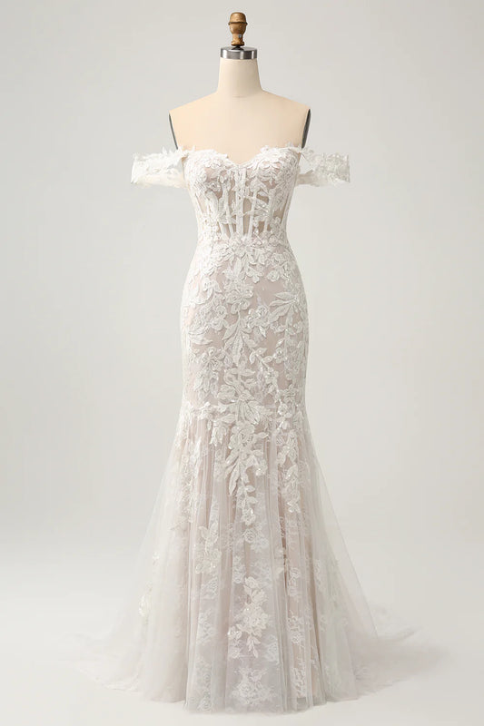 Mermaid Off the Shoulder Sweep Train Wedding Dress with Applique Lace