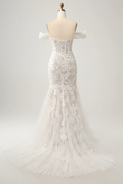 Mermaid Off the Shoulder Sweep Train Wedding Dress with Applique Lace