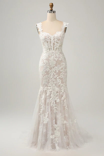 Mermaid Off the Shoulder Sweep Train Wedding Dress with Applique Lace