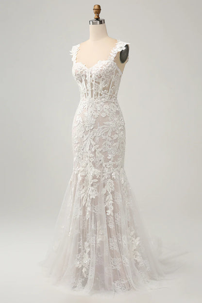 Mermaid Off the Shoulder Sweep Train Wedding Dress with Applique Lace