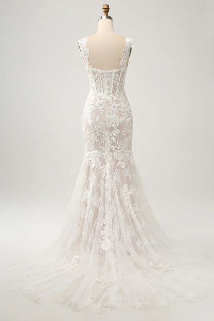 Mermaid Off the Shoulder Sweep Train Wedding Dress with Applique Lace
