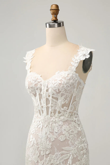Mermaid Off the Shoulder Sweep Train Wedding Dress with Applique Lace