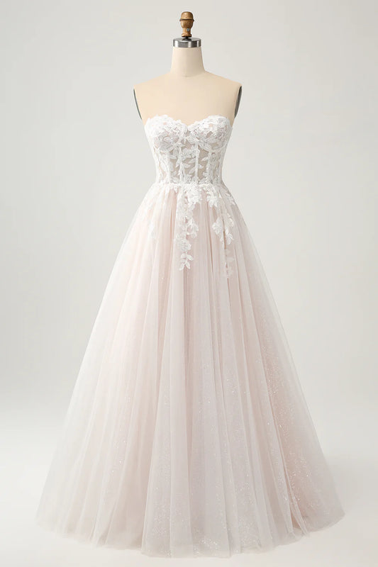 A Line Sweetheart Sparkly Wedding Dress with Applique Lace