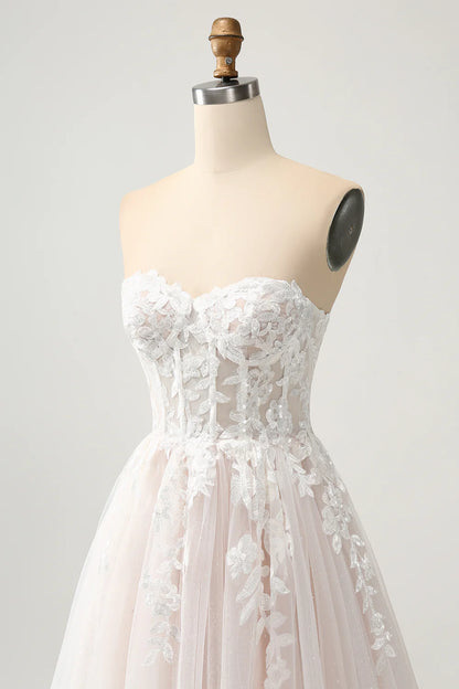 A Line Sweetheart Sparkly Wedding Dress with Applique Lace