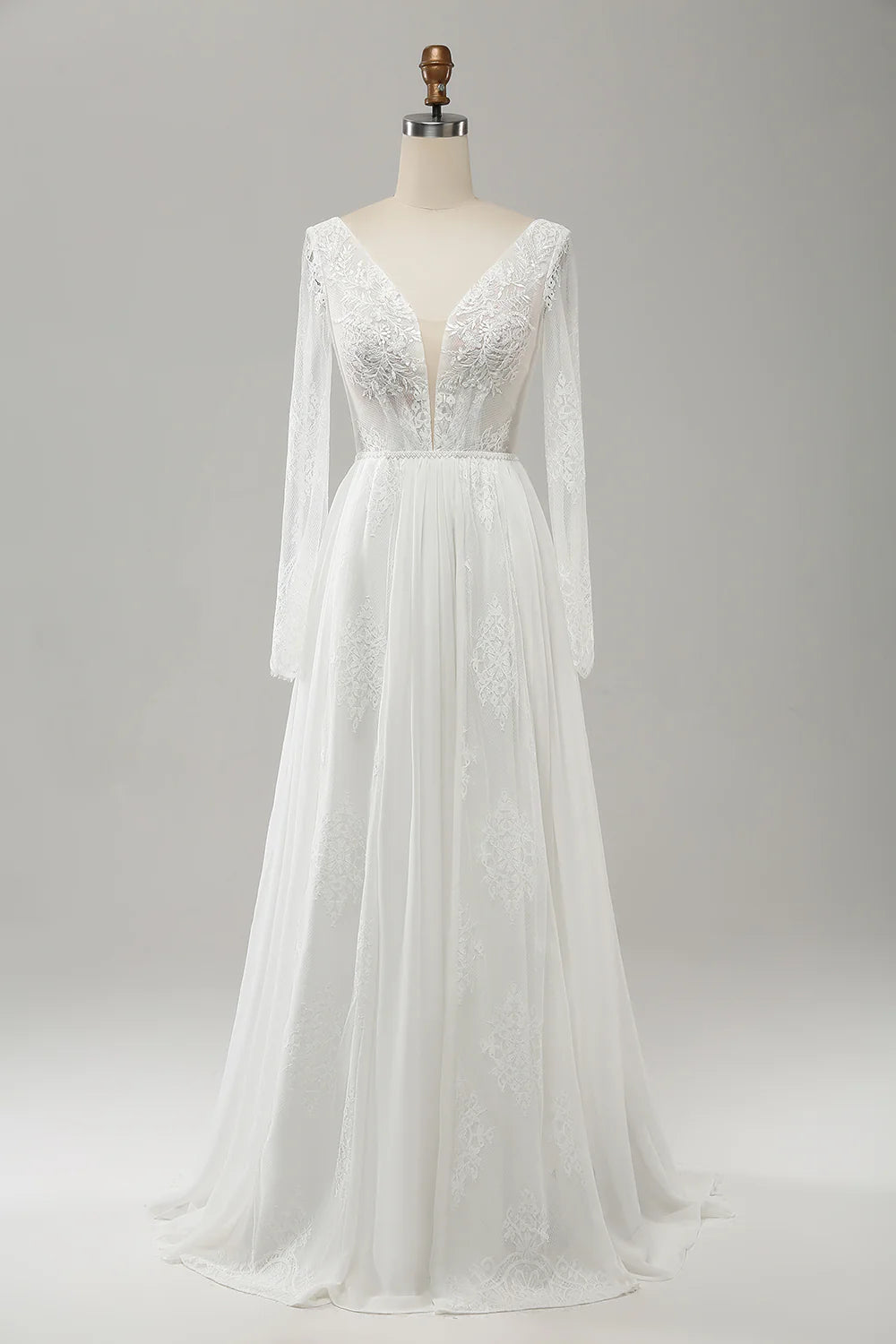 A Line V Neck Long Sleeves Beach Boho Wedding Dress with