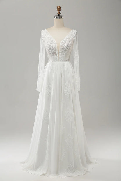 A Line V Neck Long Sleeves Beach Boho Wedding Dress with