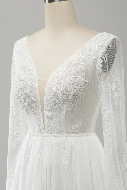 A Line V Neck Long Sleeves Beach Boho Wedding Dress with