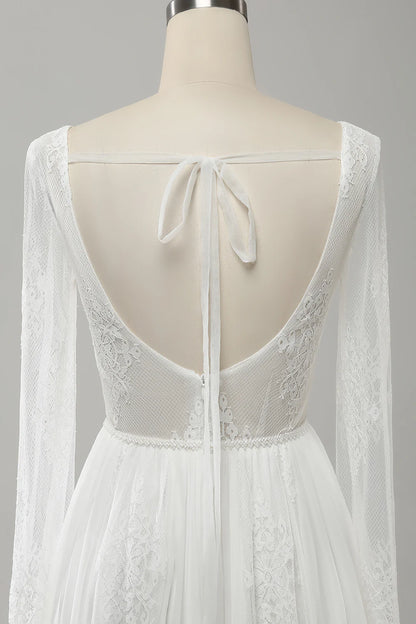 A Line V Neck Long Sleeves Beach Boho Wedding Dress with