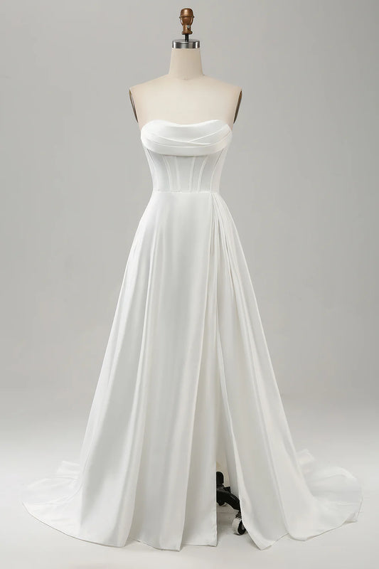 A Line Strapless Pleated Sweep Train Wedding Dress With Slit