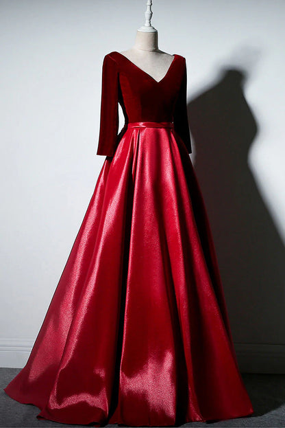 Simple A-line Long Sleeves Burgundy Long Prom Dress Burgundy Evening Dress
