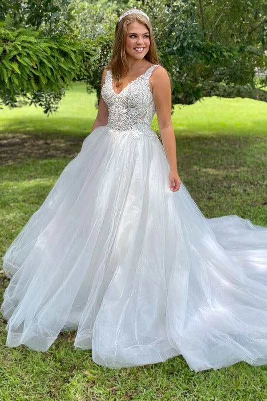Lace V-Neck Backless A-Line Wedding Dress