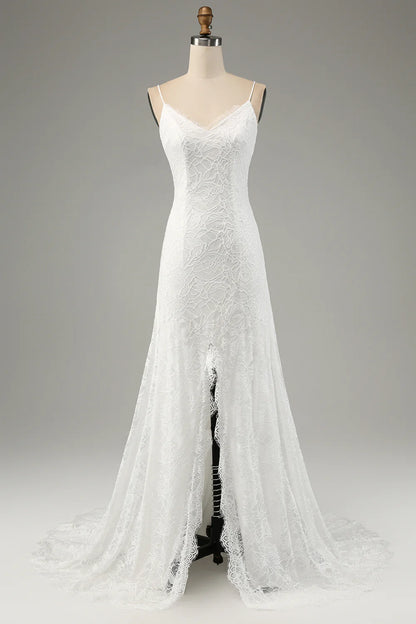 Ivory Mermaid Lace Spaghetti Straps Wedding Dress