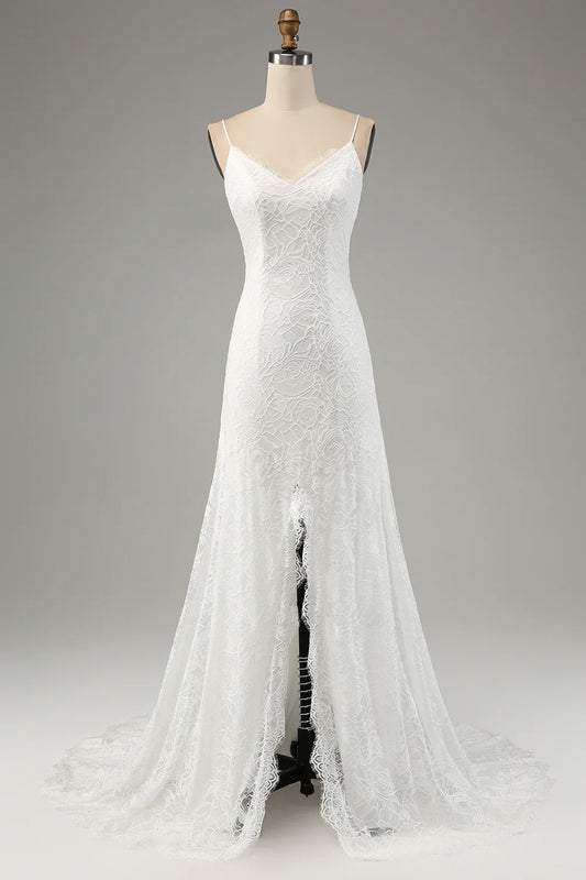 Ivory Mermaid Lace Spaghetti Straps Wedding Dress